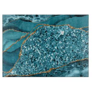 Elegant Teal and Gold Glitter Ocean Agate Cutting Board