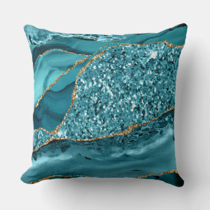 Elegant Teal and Gold Glitter Ocean Agate Throw Pillow