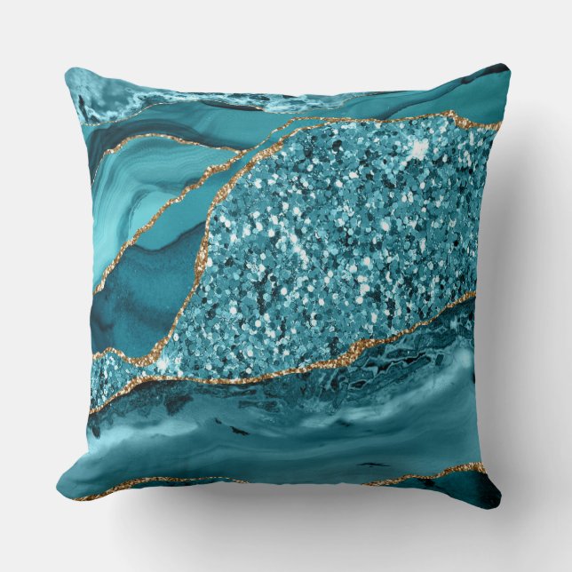 Elegant Teal and Gold Glitter Ocean Agate Throw Pillow (Front)