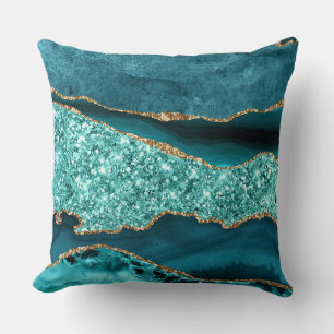 Elegant Teal and Gold Glitter Ocean Agate Throw Pillow
