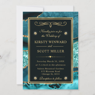 Elegant Teal and Gold Glitter Ocean Agate Wedding Invitation