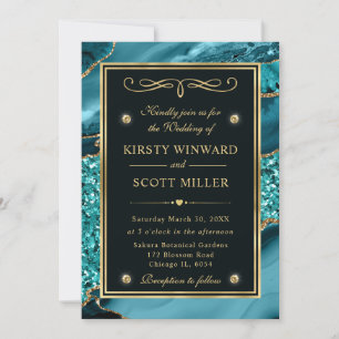 Elegant Teal and Gold Glitter Ocean Agate Wedding Invitation