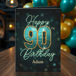 Elegant Teal and Gold Metallic 90th Birthday Card