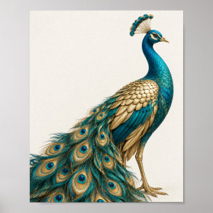 Elegant Teal and Gold Peacock Art Poster