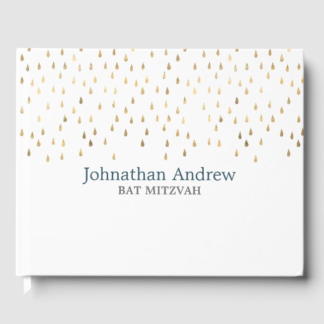 Elegant Teal and Gold Raindrops Bar Mitzvah Guest Book (Front)