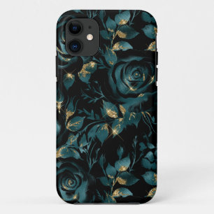Elegant Teal and Gold Rose Floral Pattern iPhone 11 Case