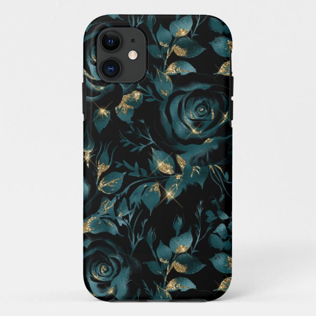 Elegant Teal and Gold Rose Floral Pattern Case-Mate iPhone Case (Back)