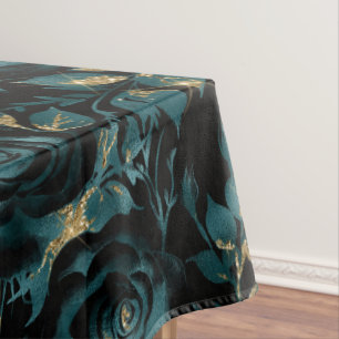 Elegant Teal and Gold Rose Floral Pattern Tablecloth
