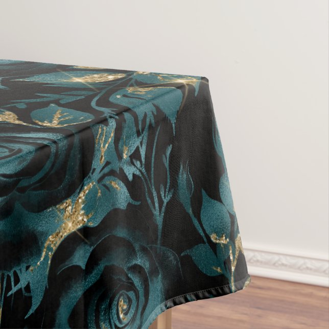Elegant Teal and Gold Rose Floral Pattern Tablecloth (In Situ)