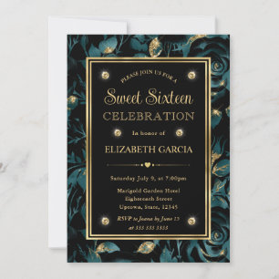 Elegant Teal and Gold Rose Floral Sweet 16 Invitation