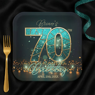 Elegant Teal and Gold Stained Glass 70th Birthday Paper Plate