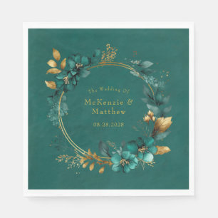 Elegant Teal and Gold Watercolor Floral Wedding Napkin