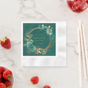 Elegant Teal and Gold Watercolor Floral Wedding Napkin