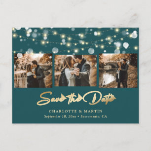 Elegant Teal and Gold Wedding Photo Save The Date Announcement Postcard