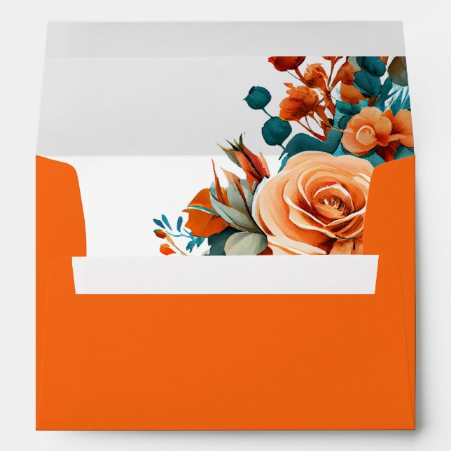 Elegant Teal and Orange Floral Wedding  Envelope (Back (Bottom))