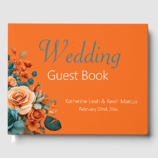 Elegant Teal and Orange Floral Wedding  Guest Book