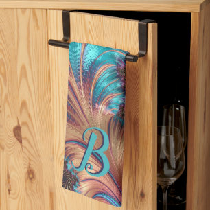 Elegant Teal and Purple Fractal Feather Initial Kitchen Towel