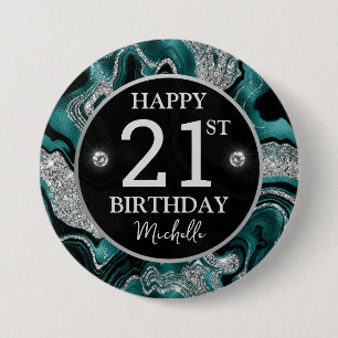 Elegant Teal and Silver Glitter Agate Birthday 3 Inch Round Button