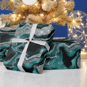 Elegant Teal and Silver Glitter Agate Birthday Wrapping Paper