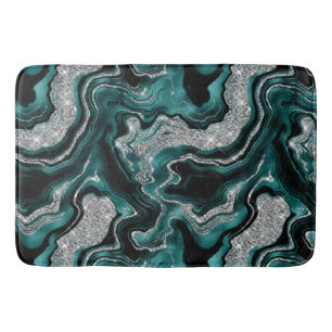 Elegant Teal and Silver Glitter Agate Pattern Bath Mat