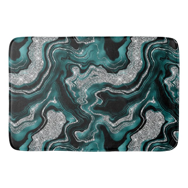 Elegant Teal and Silver Glitter Agate Pattern Bath Mat (Front)