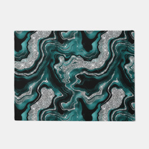 Elegant Teal and Silver Glitter Agate Pattern Doormat