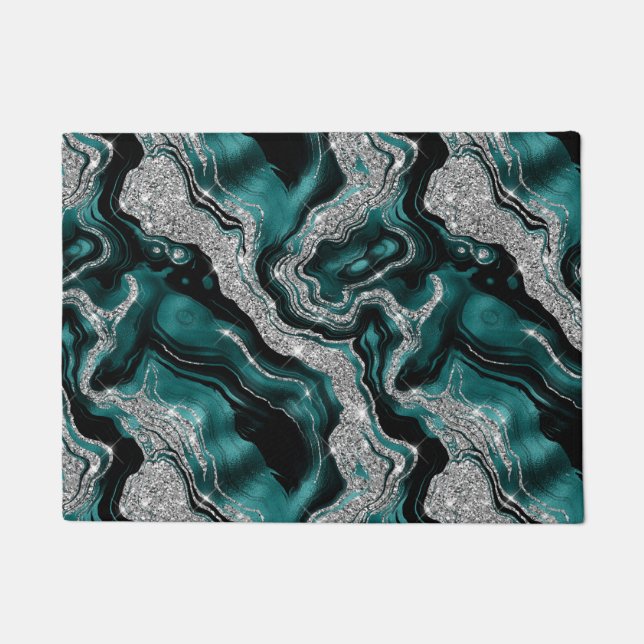 Elegant Teal and Silver Glitter Agate Pattern Doormat (Front)