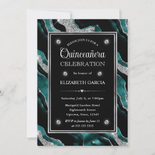 Elegant Teal and Silver Glitter Agate Quinceanera Invitation