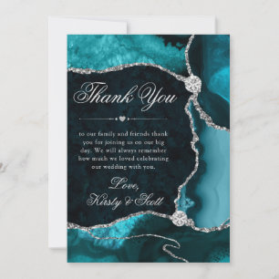 Elegant Teal and Silver Glitter Agate Wedding Thank You Card
