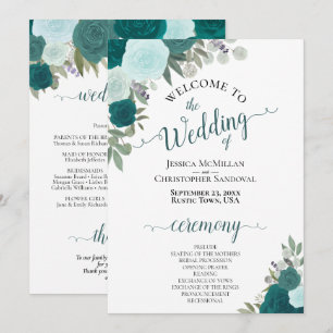 Elegant Teal & Aqua Boho Floral Wedding Program