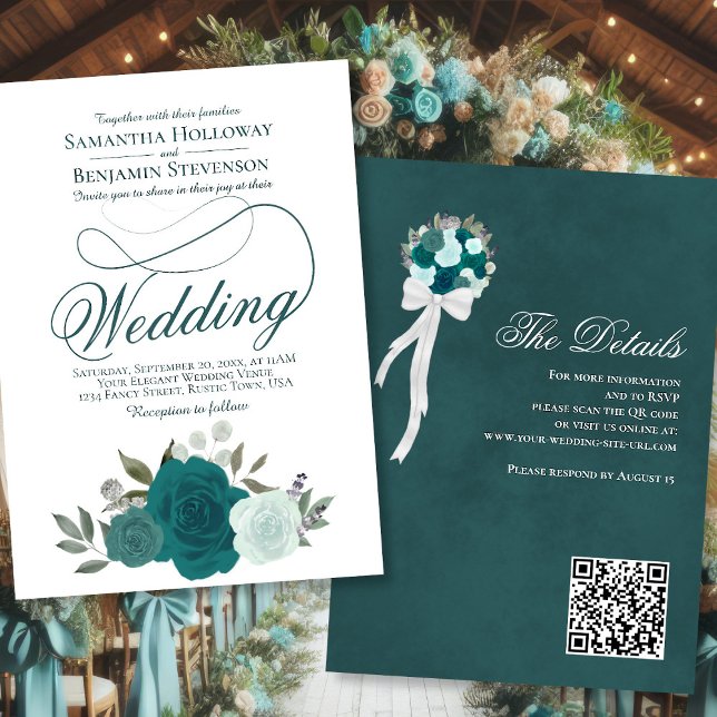 Elegant Teal & Aqua Roses Floral QR Code Wedding Invitation (Front/Back)
