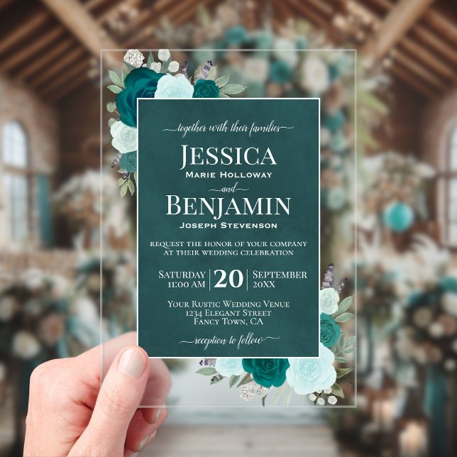 Elegant Teal & Aqua Roses Stylish Text Wedding Acrylic Invitations (Clear Acrylic with Rectangle Cut)