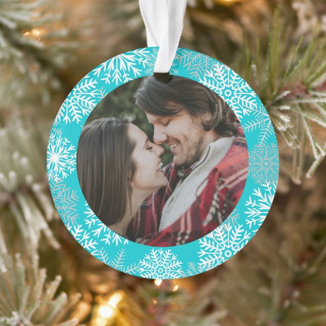 Elegant Teal Aqua White Winter Snowflakes Photo Ornament (Tree)