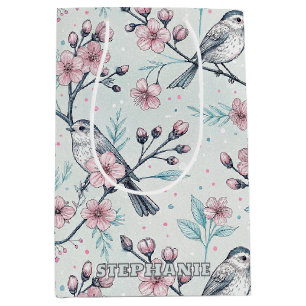 Elegant Teal Birds Pink Cherry Blossoms Medium Gift Bag