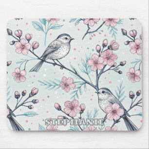 Elegant Teal Birds Pink Cherry Blossoms Mouse Pad