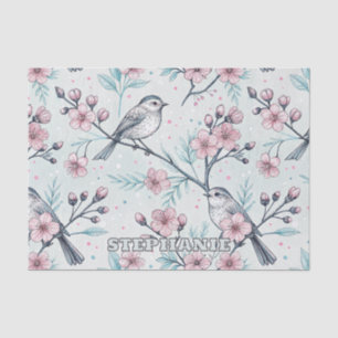 Elegant Teal Birds Pink Cherry Blossoms Tissue Paper