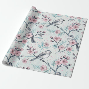 Elegant Teal Birds Pink Cherry Blossoms Wrapping Paper