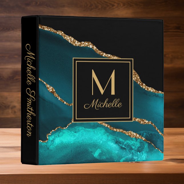 Elegant Teal Black Gold Marble Monogram     Binder (Elegant teal, black, and gold marble monogram binder for home, school, or office)