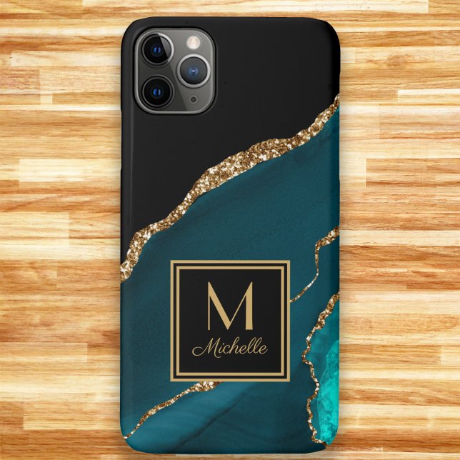 Elegant Teal Black Gold Monogram Initial Name  Case-Mate iPhone Case (Teal, black, and gold marble monogram phone case.  Transfer this design to any style phone case )
