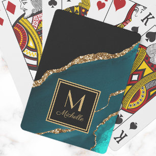 Elegant Teal Black Gold Monogram Initial Name  Playing Cards