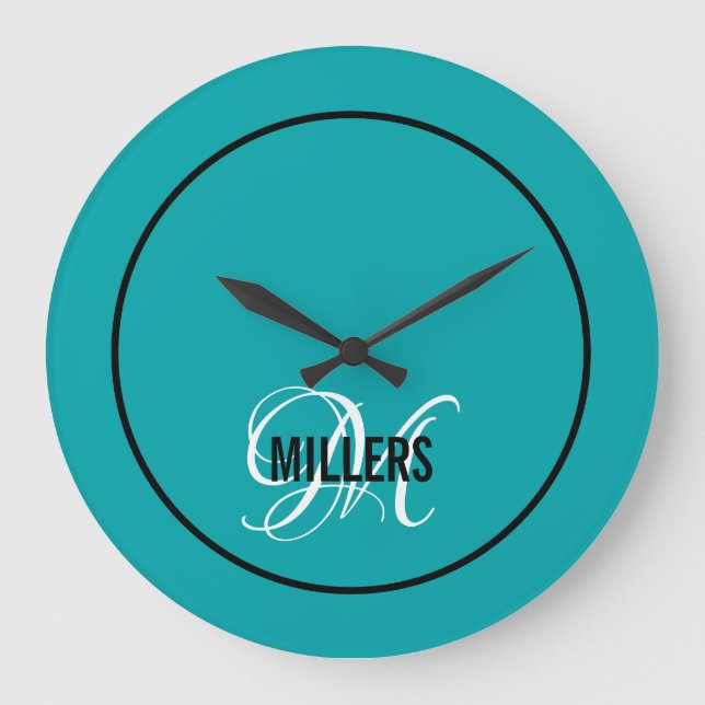 Elegant teal black monogram family name  large clock (Front)