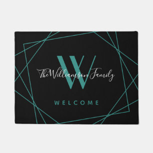 Elegant Teal Black Monogram Family Name Script Doormat