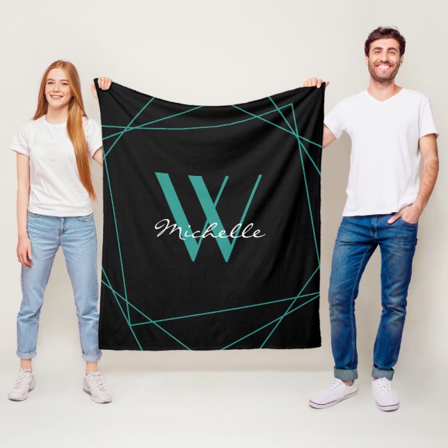 Elegant Teal Black Monogram Geometric Name Script  Fleece Blanket (In Situ)