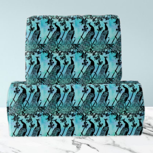 Elegant Teal & Black Peacock Pattern Wrapping Paper (Creator Uploaded)