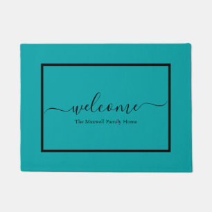 Elegant teal black script family name welcome   doormat