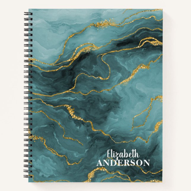 Elegant Teal Blue Agate Geode Marble Monogram Name Notebook (Front)