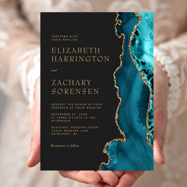 Elegant Teal Blue Agate Gold Wedding Invitation (Creator Uploaded)