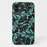Elegant teal blue and black damask floral pattern