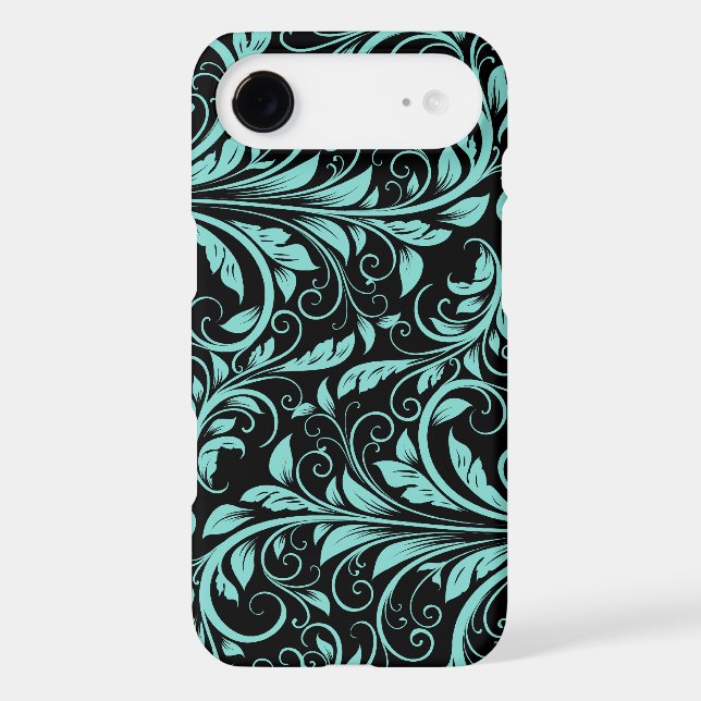 Elegant teal blue and black damask floral pattern Case-Mate iPhone case (Back)