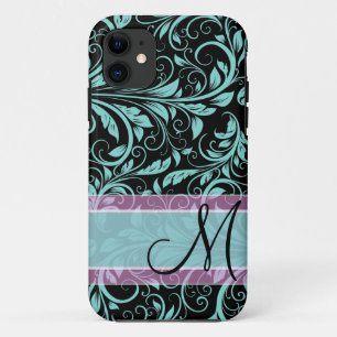 Elegant teal blue and black damask with monogram iPhone 11 case